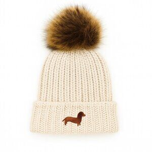 Cream Knit Beanie with Faux Fur Pom Pom & Dachshund Embroidery